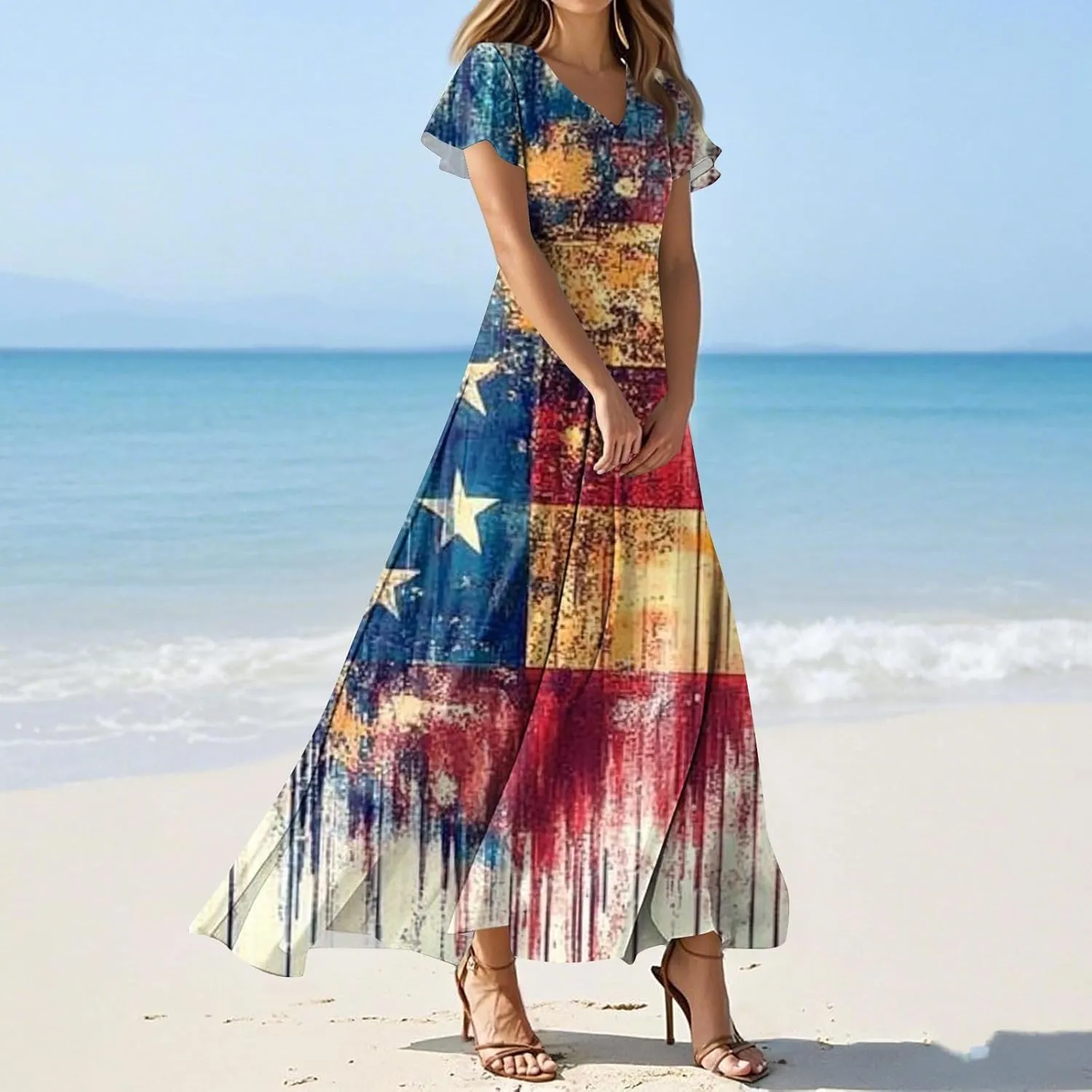 4Th of July Maxi Dresses for Women 2025 Summer Chiffon Ruffle Flowy Swing A Line Dress Short Sleeve Floral Frocks