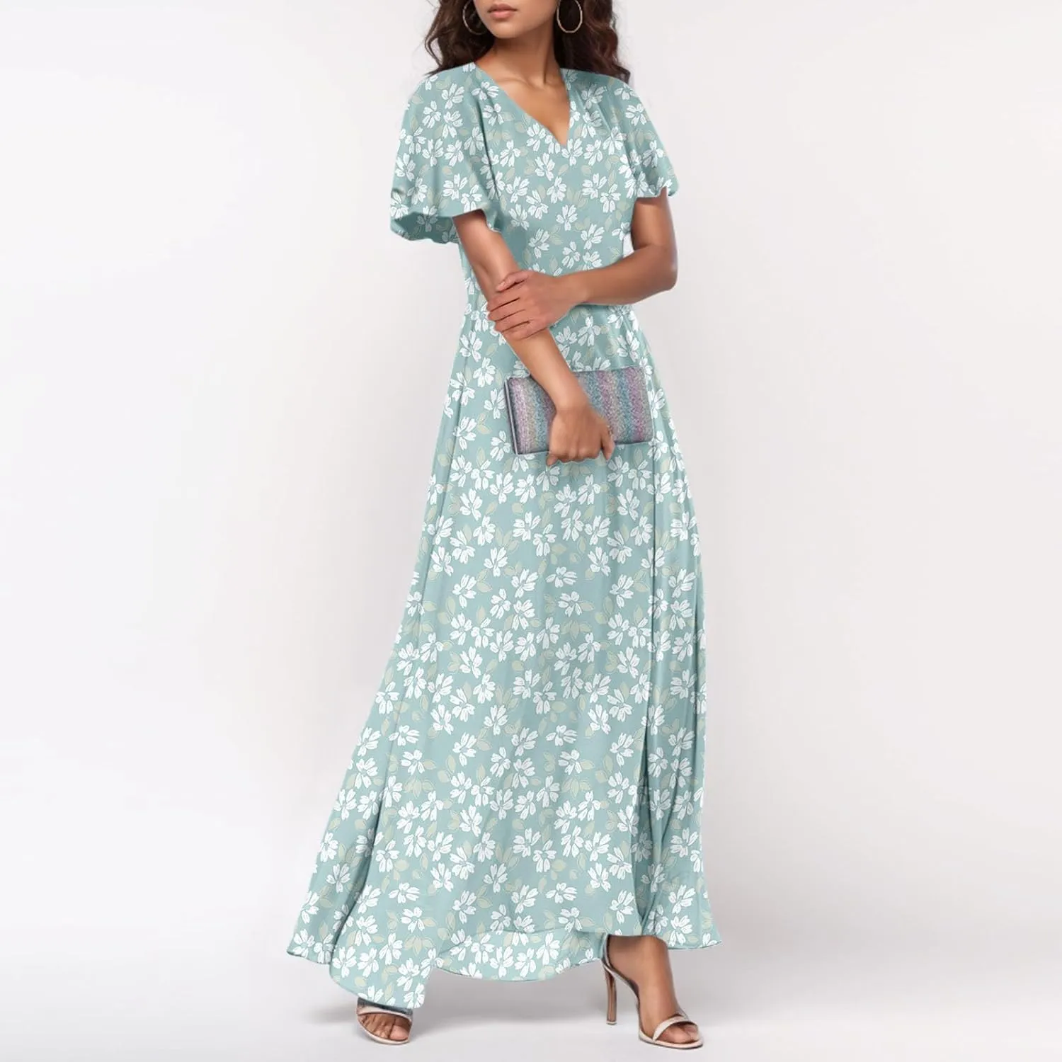 4Th of July Maxi Dresses for Women 2025 Summer Chiffon Ruffle Flowy Swing A Line Dress Short Sleeve Floral Frocks