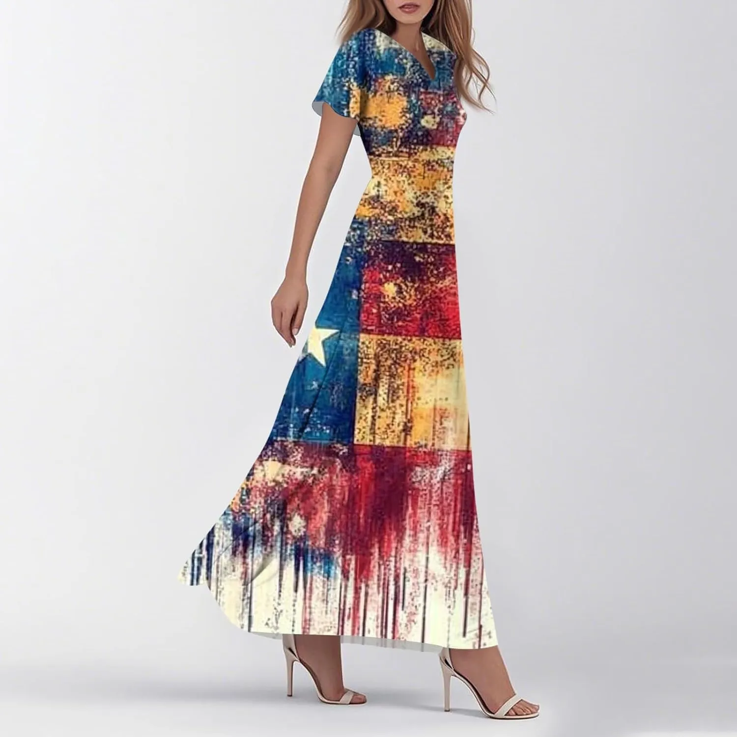 4Th of July Maxi Dresses for Women 2025 Summer Chiffon Ruffle Flowy Swing A Line Dress Short Sleeve Floral Frocks