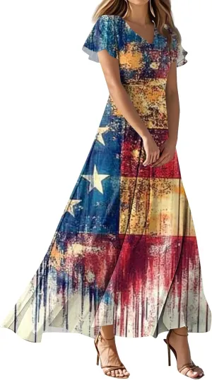 4Th of July Maxi Dresses for Women 2025 Summer Chiffon Ruffle Flowy Swing A Line Dress Short Sleeve Floral Frocks