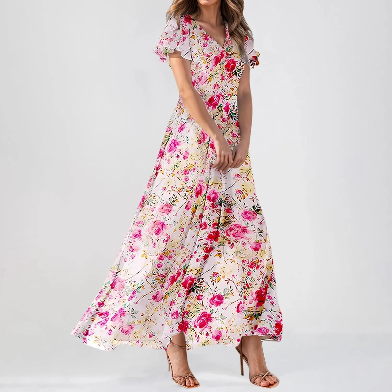 4Th of July Maxi Dresses for Women 2025 Summer Chiffon Ruffle Flowy Swing A Line Dress Short Sleeve Floral Frocks