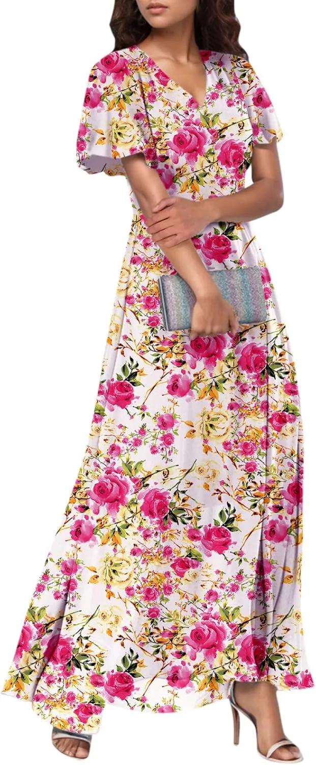 4Th of July Maxi Dresses for Women 2025 Summer Chiffon Ruffle Flowy Swing A Line Dress Short Sleeve Floral Frocks