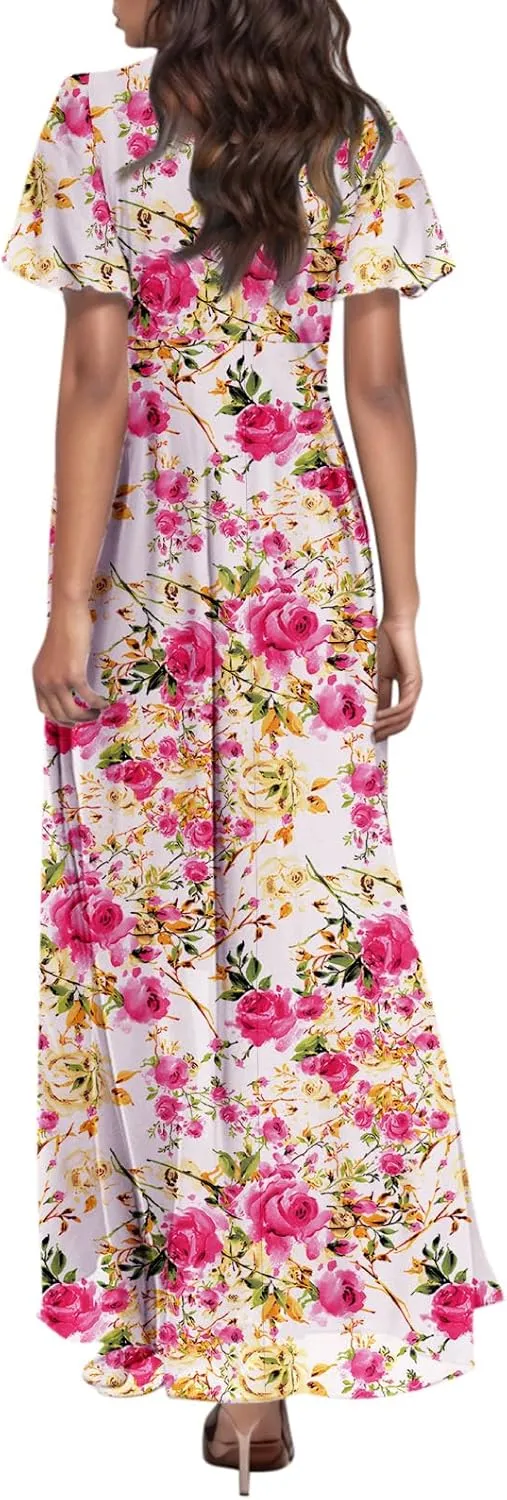 4Th of July Maxi Dresses for Women 2025 Summer Chiffon Ruffle Flowy Swing A Line Dress Short Sleeve Floral Frocks