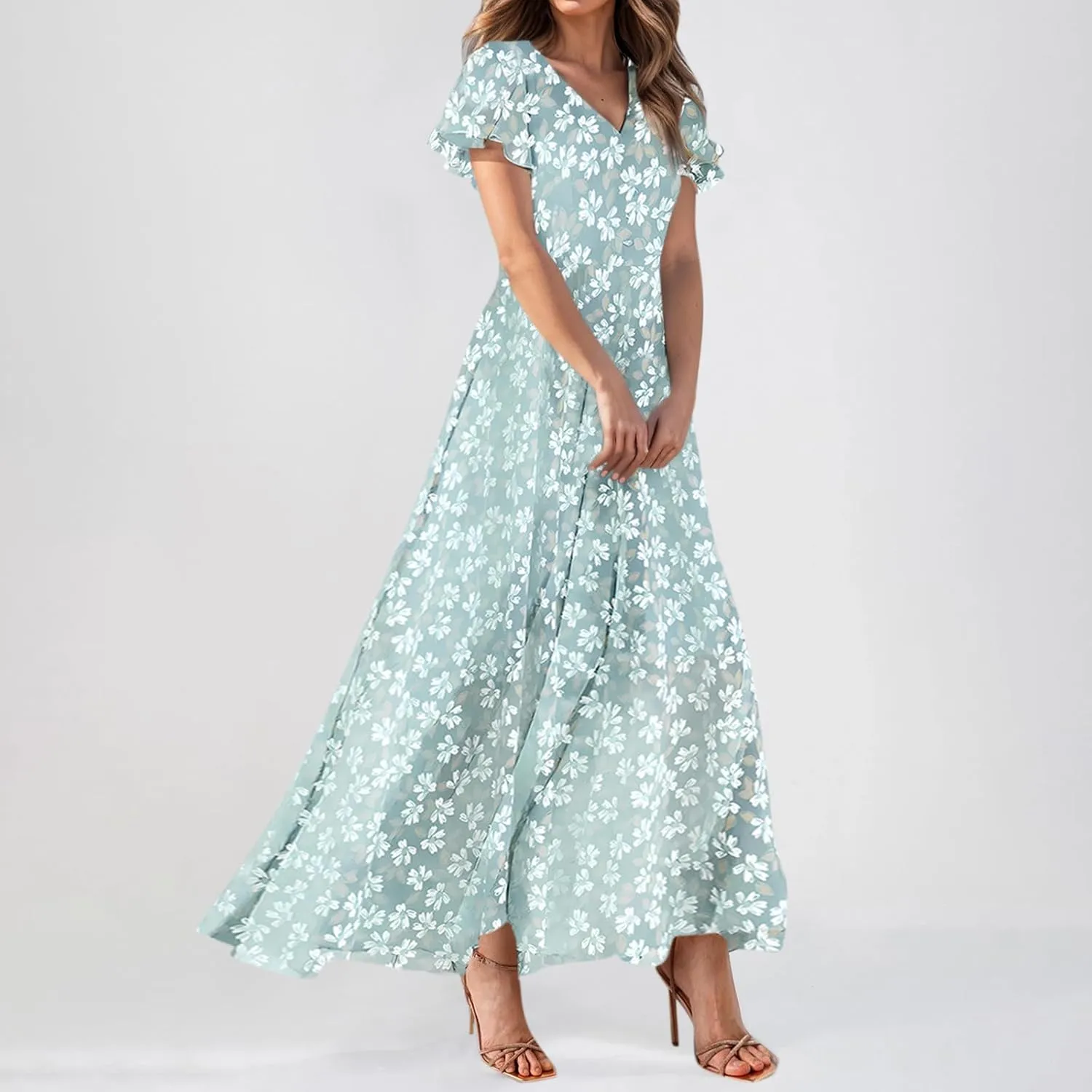 4Th of July Maxi Dresses for Women 2025 Summer Chiffon Ruffle Flowy Swing A Line Dress Short Sleeve Floral Frocks