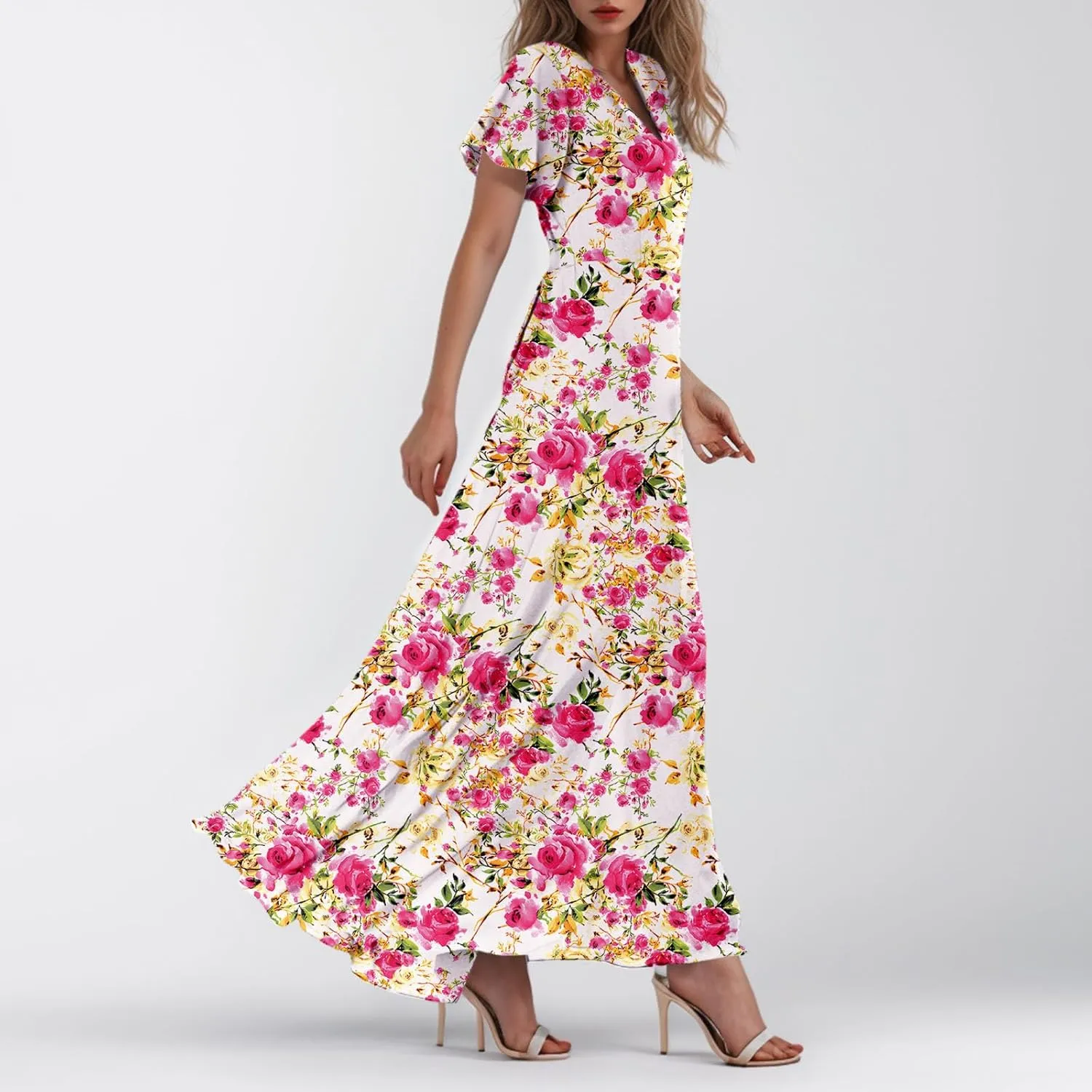 4Th of July Maxi Dresses for Women 2025 Summer Chiffon Ruffle Flowy Swing A Line Dress Short Sleeve Floral Frocks