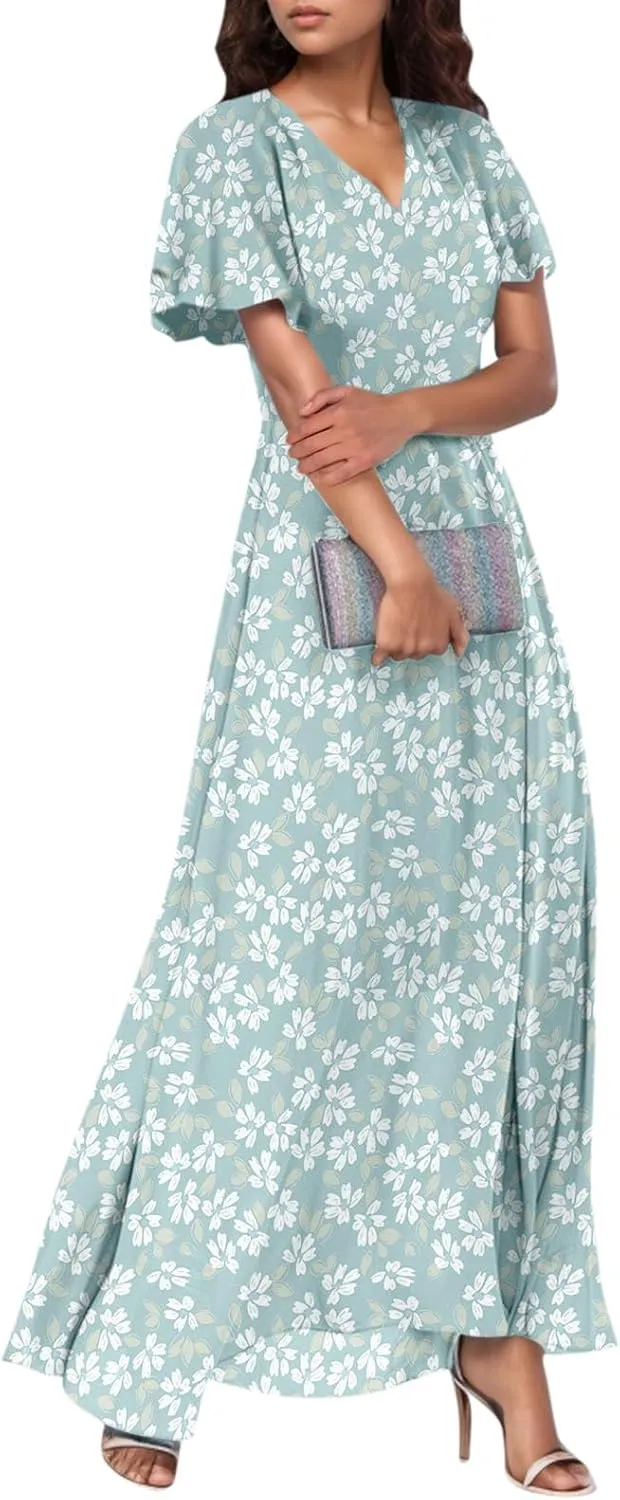 4Th of July Maxi Dresses for Women 2025 Summer Chiffon Ruffle Flowy Swing A Line Dress Short Sleeve Floral Frocks