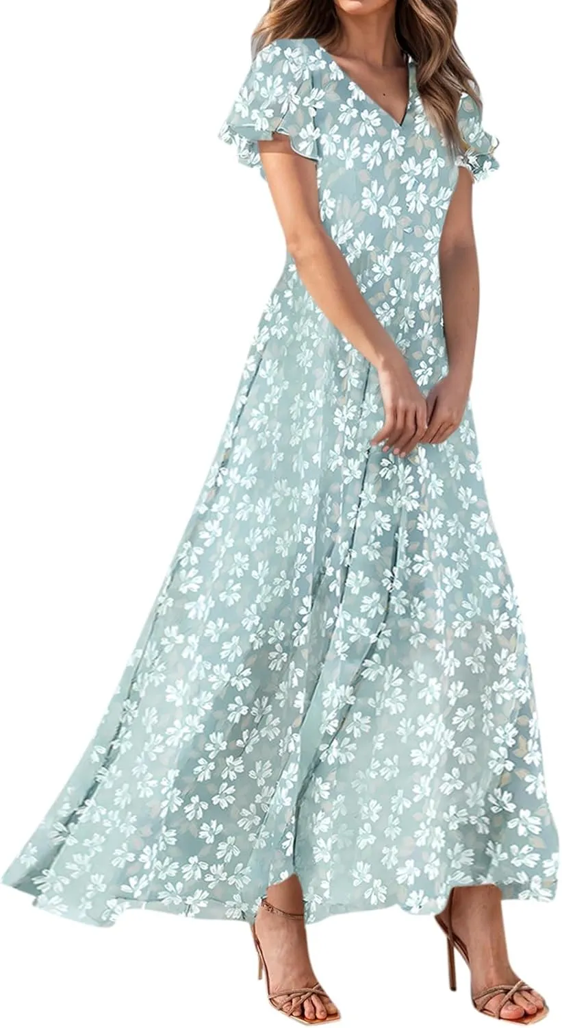 4Th of July Maxi Dresses for Women 2025 Summer Chiffon Ruffle Flowy Swing A Line Dress Short Sleeve Floral Frocks