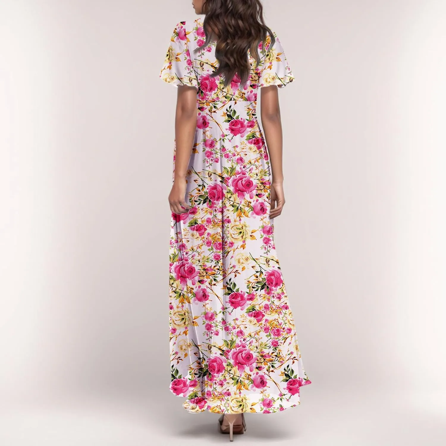 4Th of July Maxi Dresses for Women 2025 Summer Chiffon Ruffle Flowy Swing A Line Dress Short Sleeve Floral Frocks
