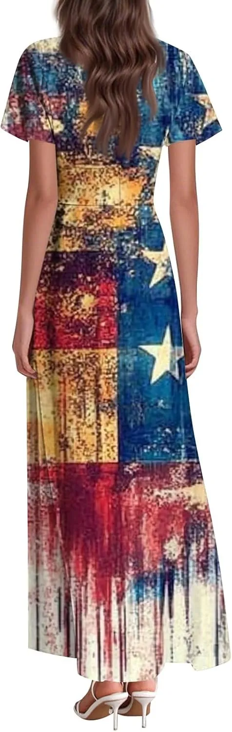 4Th of July Maxi Dresses for Women 2025 Summer Chiffon Ruffle Flowy Swing A Line Dress Short Sleeve Floral Frocks