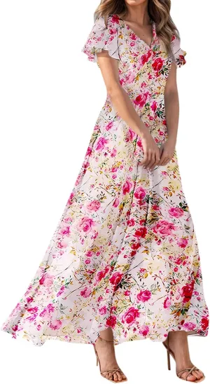 4Th of July Maxi Dresses for Women 2025 Summer Chiffon Ruffle Flowy Swing A Line Dress Short Sleeve Floral Frocks
