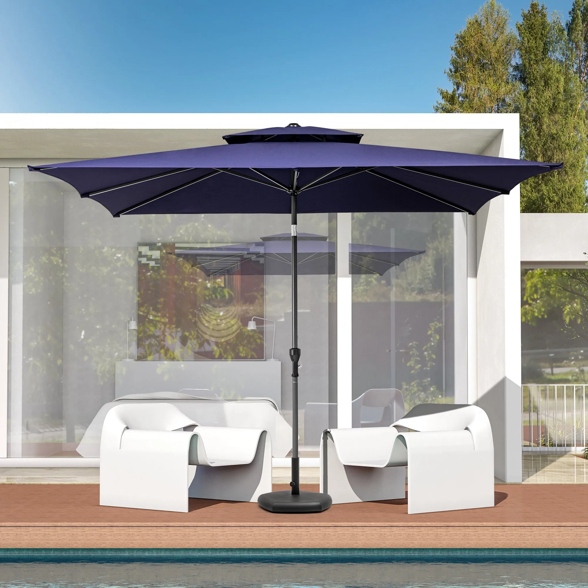 9' Navy Blue Polyester Rectangular Market Umbrella - Stylish, Durable, and Perfect for Outdoor Spaces!