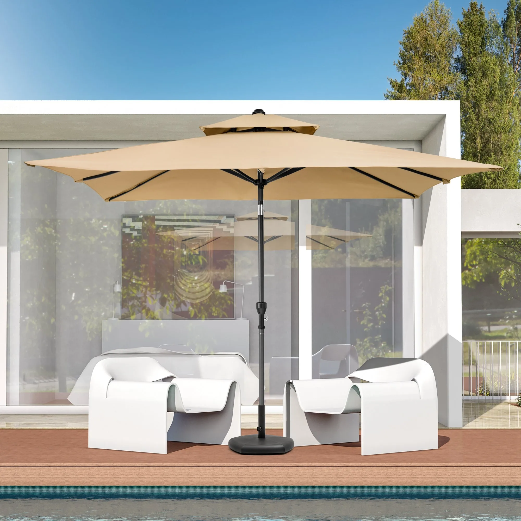 9' Tan Rectangular Tilt Patio Umbrella - Durable Polyester Canopy for Outdoor Elegance