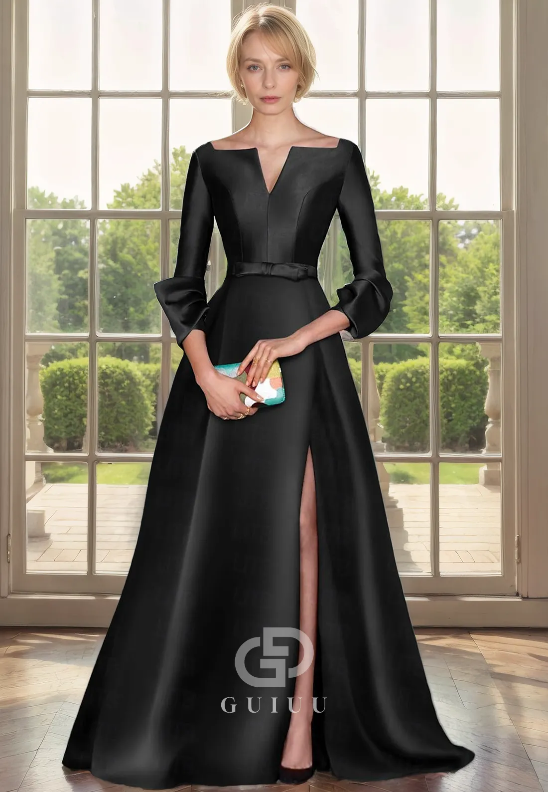 A-Line Scoop Neck 34 Length Sleeves Back Zipper Satin Mother of Bride Dress with Slit