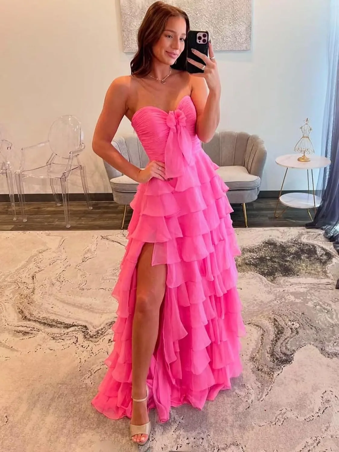 A-Line Sweetheart Prom Dresses Chiffon Long Formal Evening Party Gown with Slit LU102