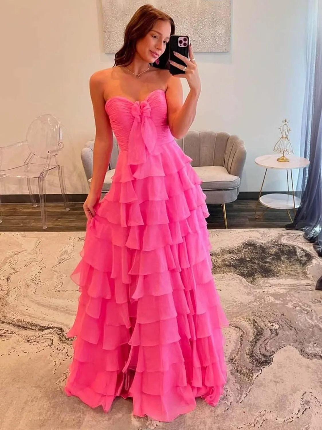 A-Line Sweetheart Prom Dresses Chiffon Long Formal Evening Party Gown with Slit LU102