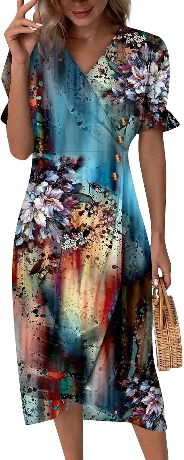 Beach Dress Women Vintage Flower Petite Wrap Dress Casual Bussiness Work Frocks Summer Vacation Clothes