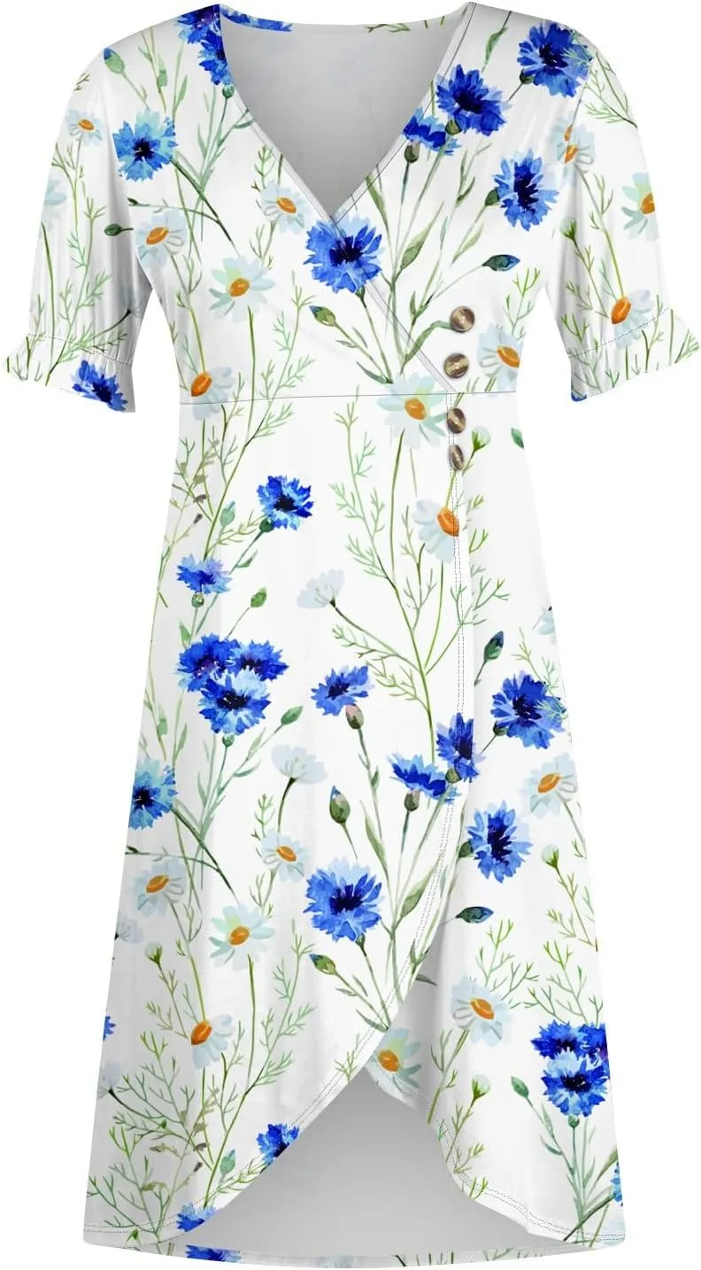 Beach Dress Women Vintage Flower Petite Wrap Dress Casual Bussiness Work Frocks Summer Vacation Clothes