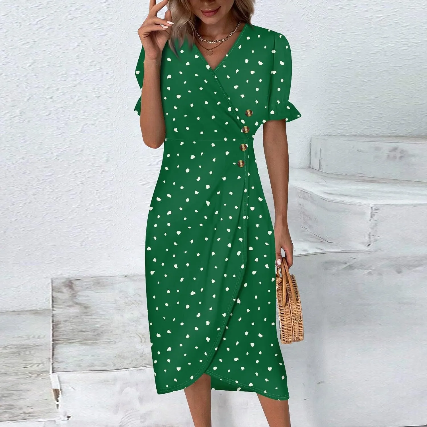 Beach Dress Women Vintage Flower Petite Wrap Dress Casual Bussiness Work Frocks Summer Vacation Clothes