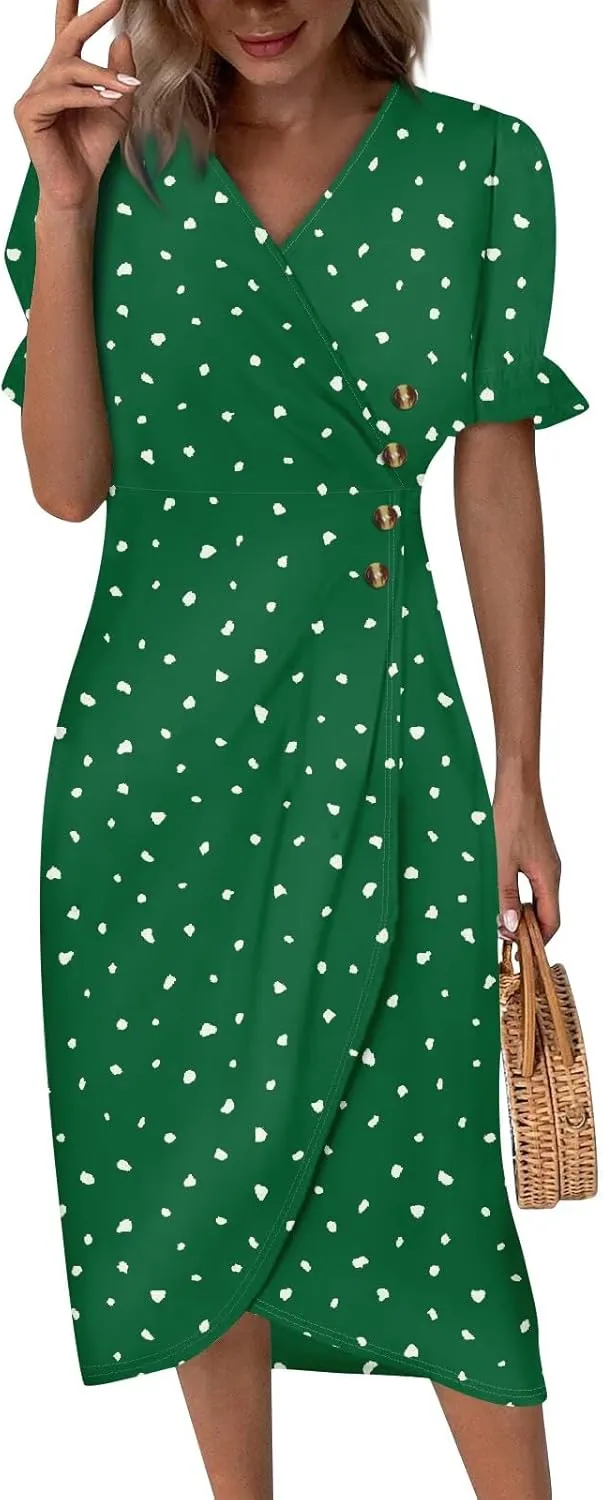 Beach Dress Women Vintage Flower Petite Wrap Dress Casual Bussiness Work Frocks Summer Vacation Clothes