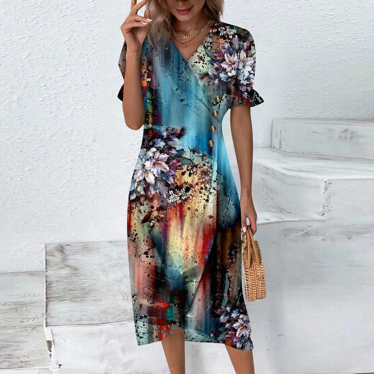Beach Dress Women Vintage Flower Petite Wrap Dress Casual Bussiness Work Frocks Summer Vacation Clothes