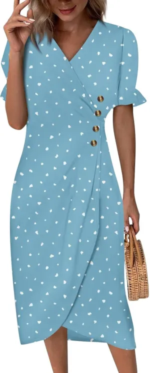 Beach Dress Women Vintage Flower Petite Wrap Dress Casual Bussiness Work Frocks Summer Vacation Clothes