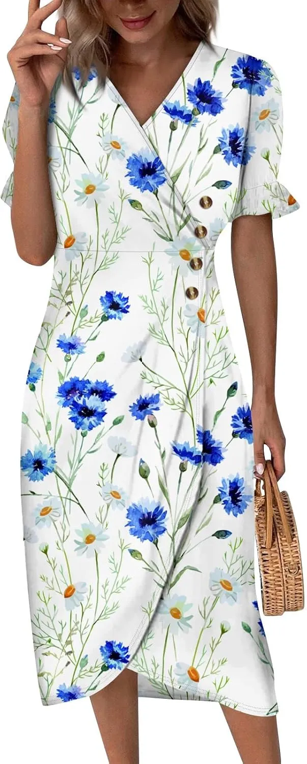 Beach Dress Women Vintage Flower Petite Wrap Dress Casual Bussiness Work Frocks Summer Vacation Clothes