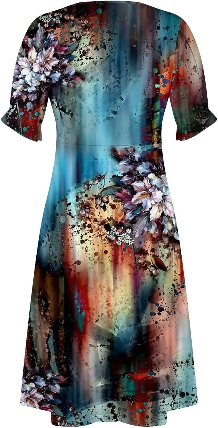 Beach Dress Women Vintage Flower Petite Wrap Dress Casual Bussiness Work Frocks Summer Vacation Clothes