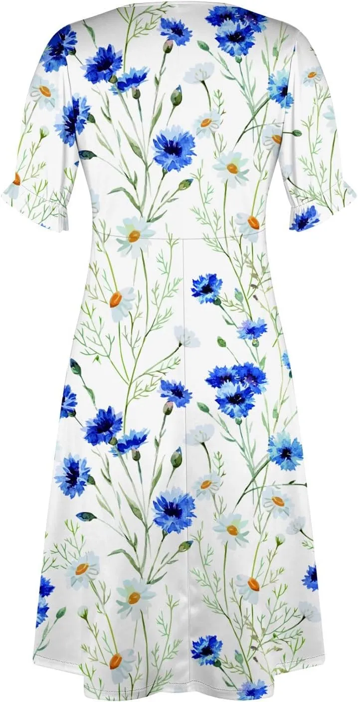 Beach Dress Women Vintage Flower Petite Wrap Dress Casual Bussiness Work Frocks Summer Vacation Clothes