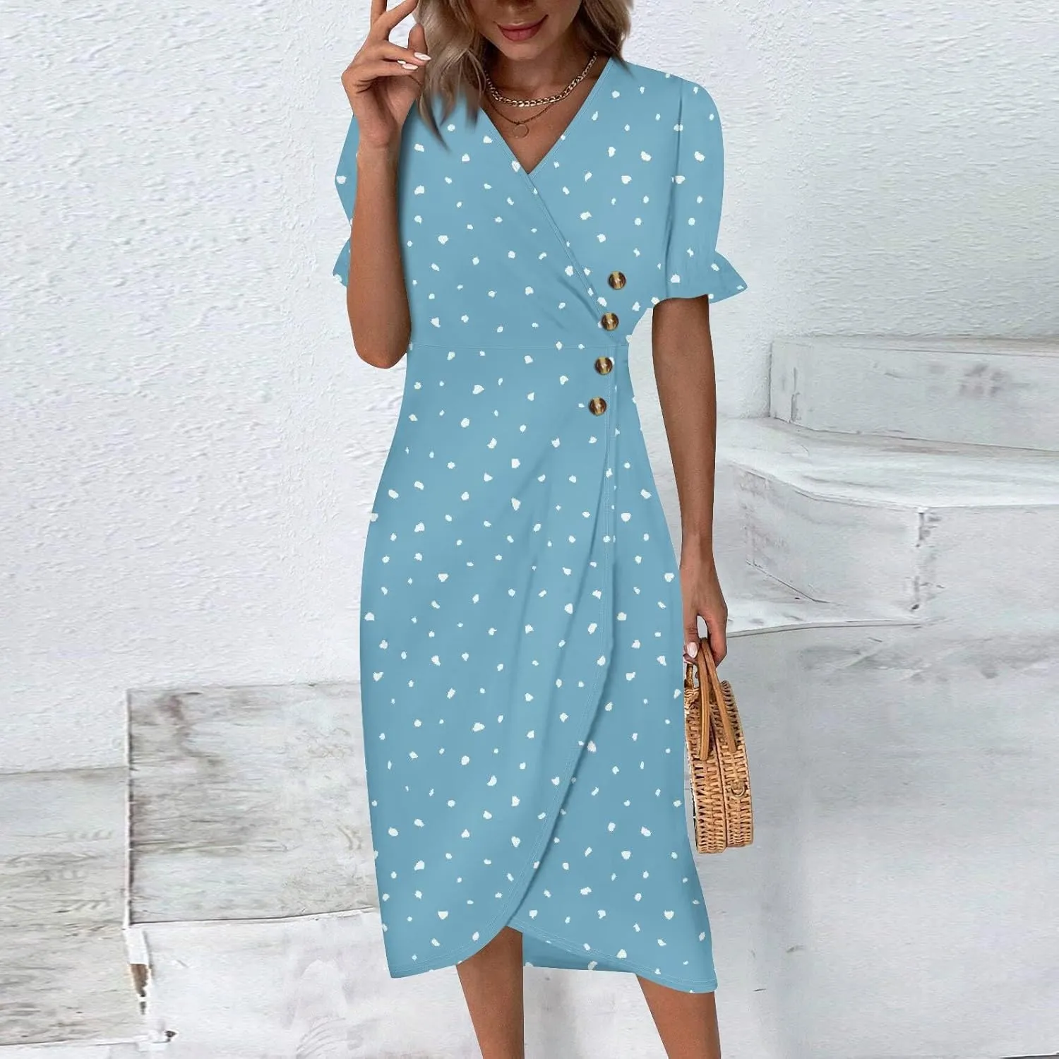 Beach Dress Women Vintage Flower Petite Wrap Dress Casual Bussiness Work Frocks Summer Vacation Clothes