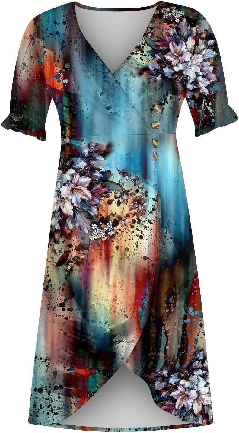 Beach Dress Women Vintage Flower Petite Wrap Dress Casual Bussiness Work Frocks Summer Vacation Clothes