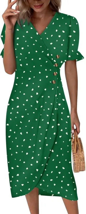 Beach Dress Women Vintage Flower Petite Wrap Dress Casual Bussiness Work Frocks Summer Vacation Clothes