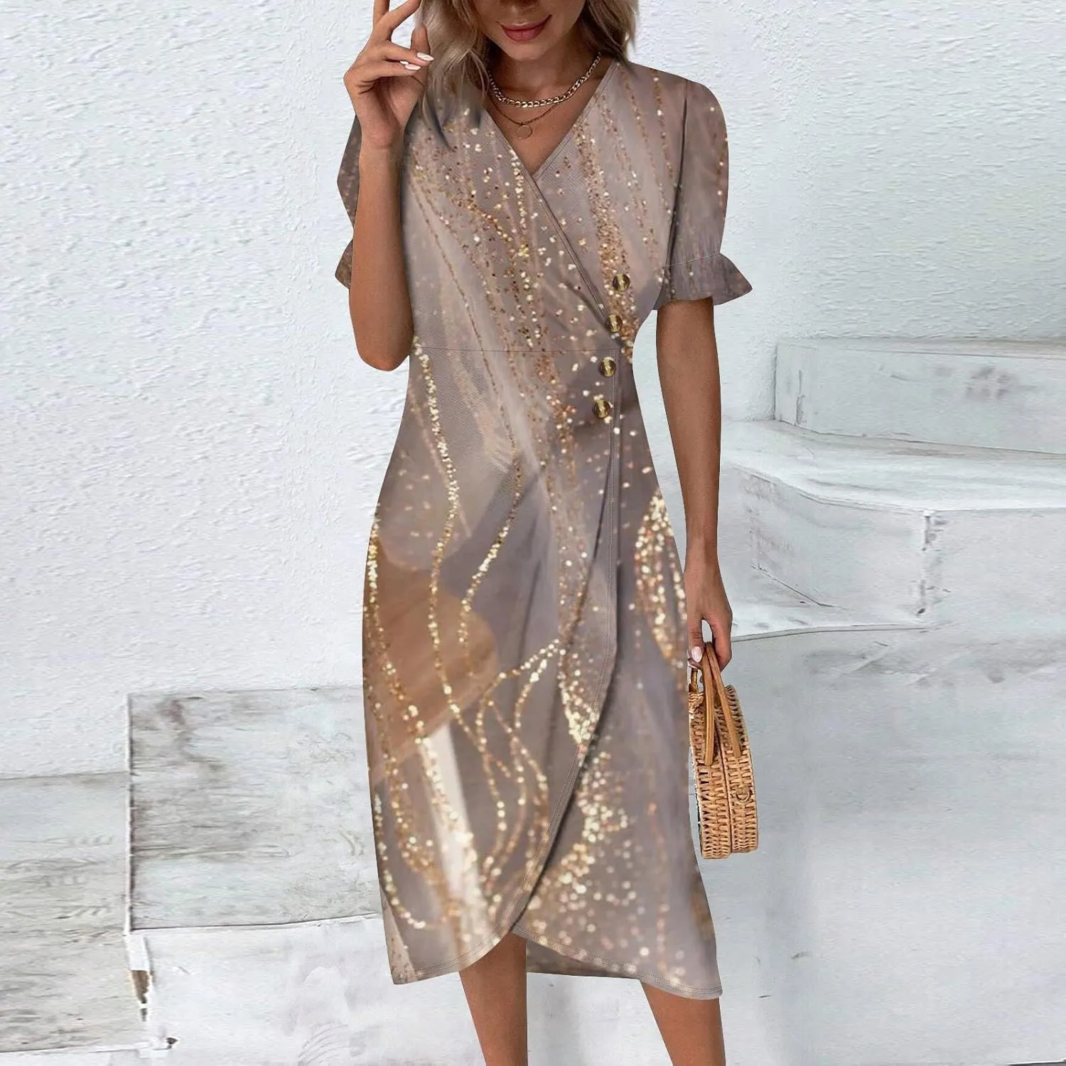 Beach Dress Women Vintage Flower Petite Wrap Dress Casual Bussiness Work Frocks Summer Vacation Clothes