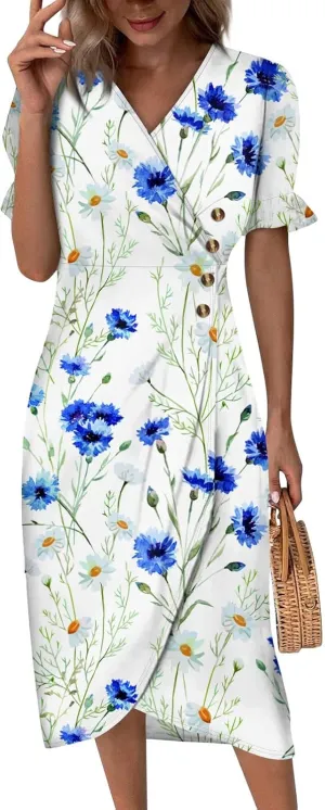 Beach Dress Women Vintage Flower Petite Wrap Dress Casual Bussiness Work Frocks Summer Vacation Clothes