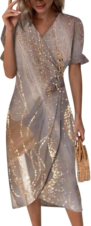 Beach Dress Women Vintage Flower Petite Wrap Dress Casual Bussiness Work Frocks Summer Vacation Clothes