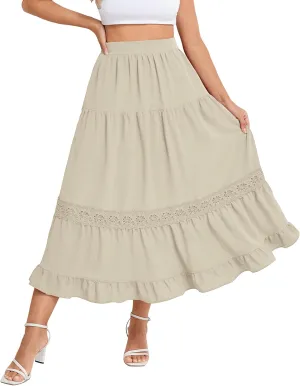 Belle Poque Women's Midi Skirt Boho Flowy Spring Summer Elastic Waist Aline Ruffle Lace Tiered Skirt with Pockets 2025