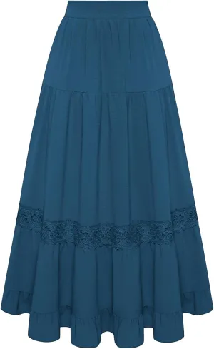 Belle Poque Women's Midi Skirt Boho Flowy Spring Summer Elastic Waist Aline Ruffle Lace Tiered Skirt with Pockets 2025