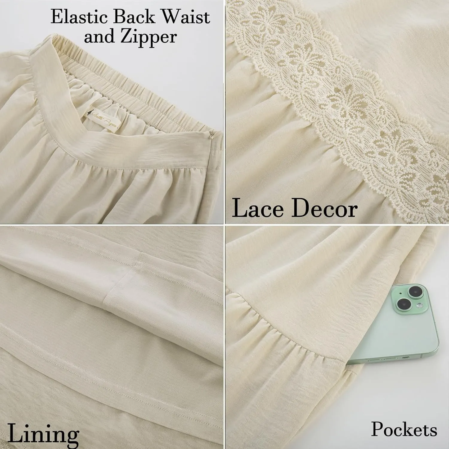 Belle Poque Women's Midi Skirt Boho Flowy Spring Summer Elastic Waist Aline Ruffle Lace Tiered Skirt with Pockets 2025