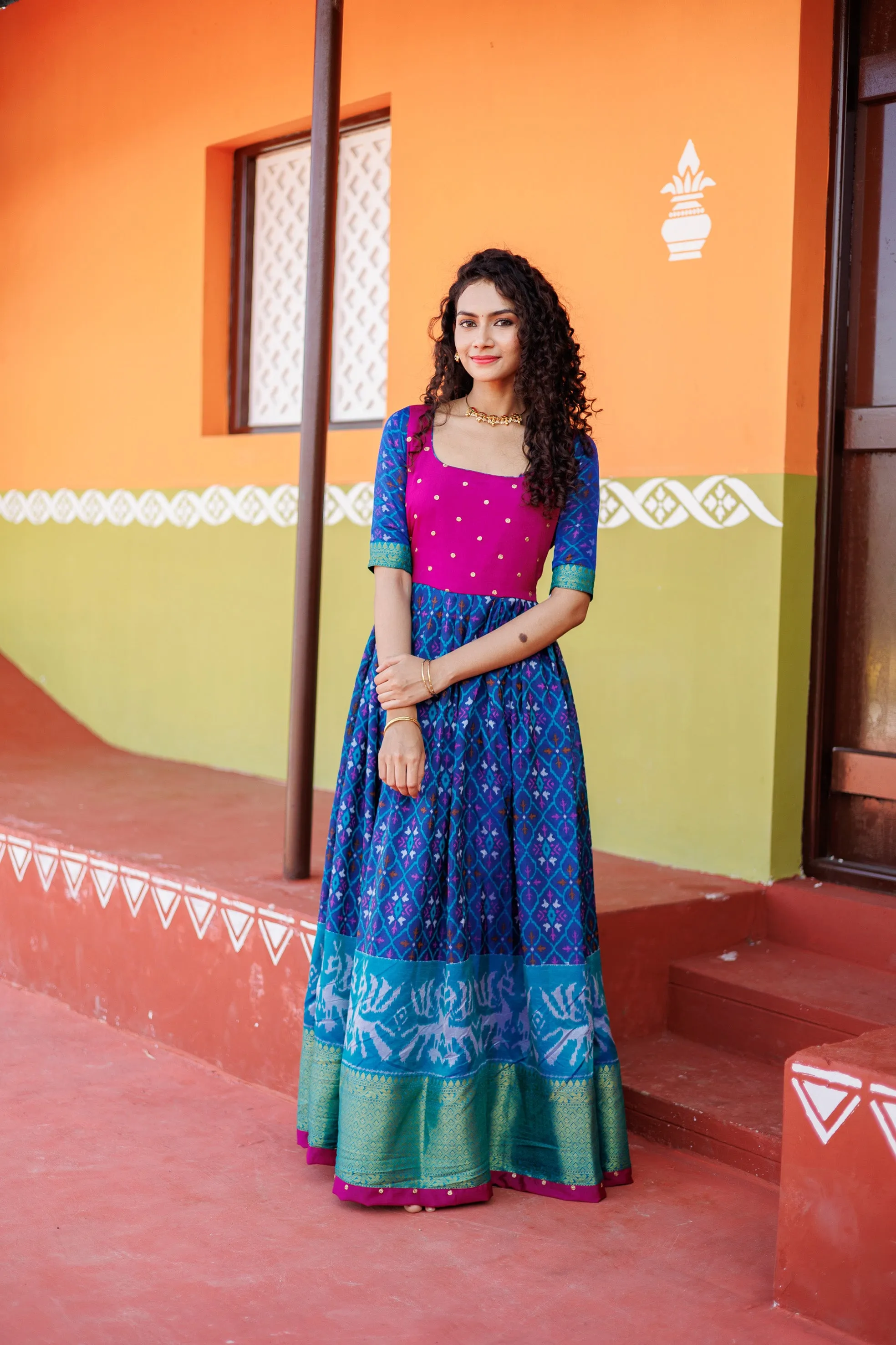 Bhumika Blue Pochampalli Dress with Magenta Yoke