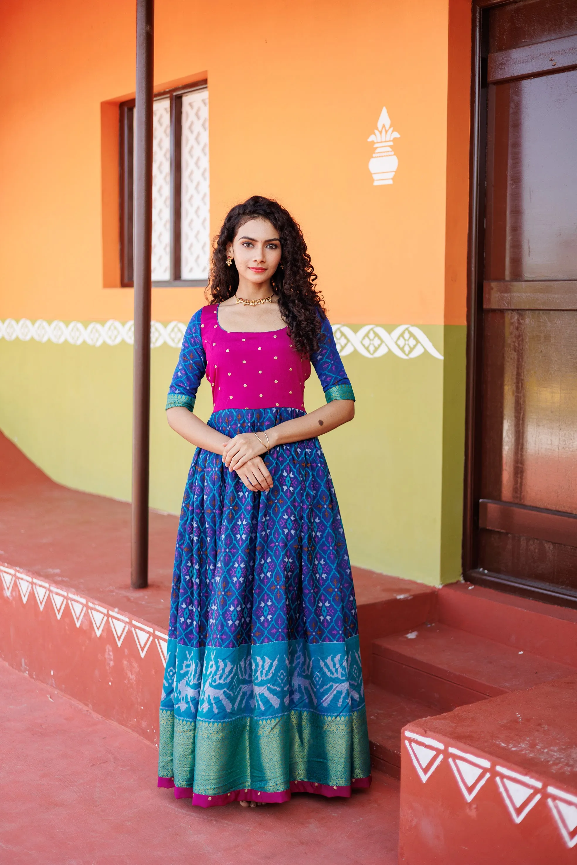 Bhumika Blue Pochampalli Dress with Magenta Yoke