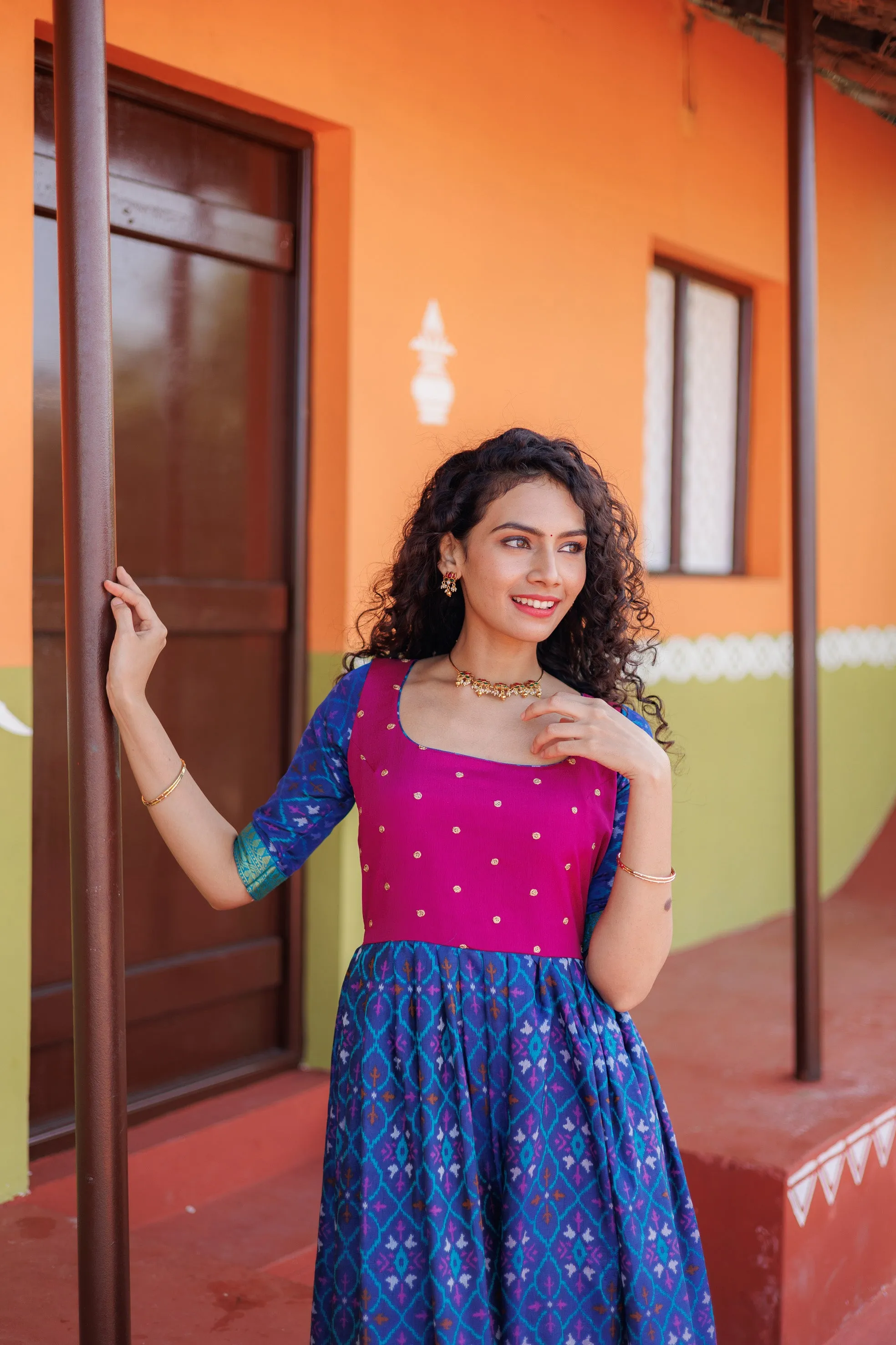 Bhumika Blue Pochampalli Dress with Magenta Yoke