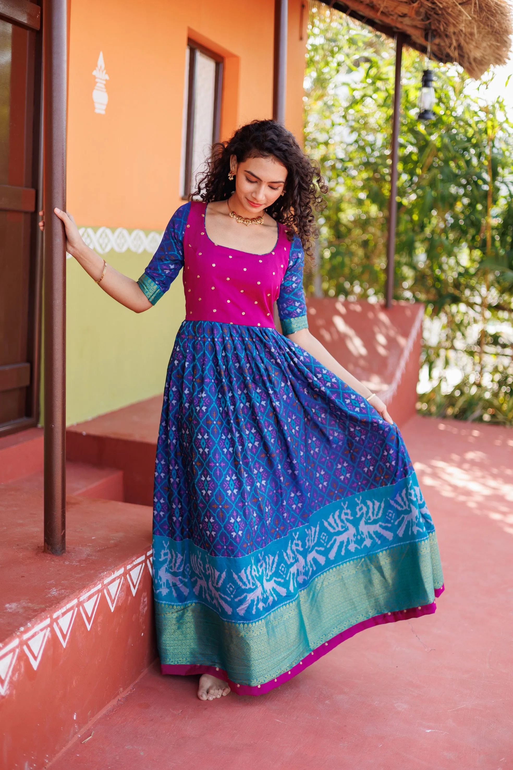 Bhumika Blue Pochampalli Dress with Magenta Yoke