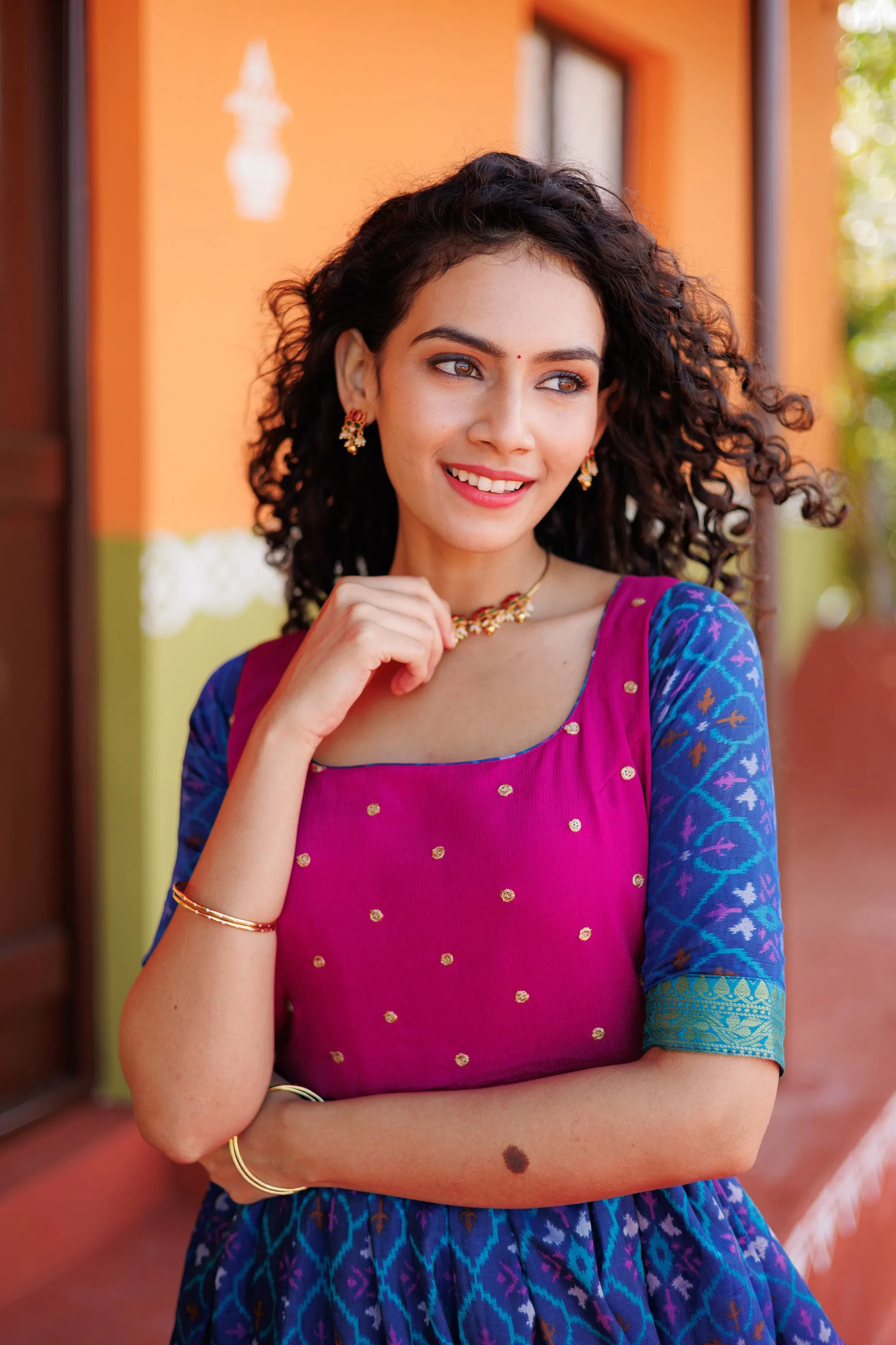 Bhumika Blue Pochampalli Dress with Magenta Yoke