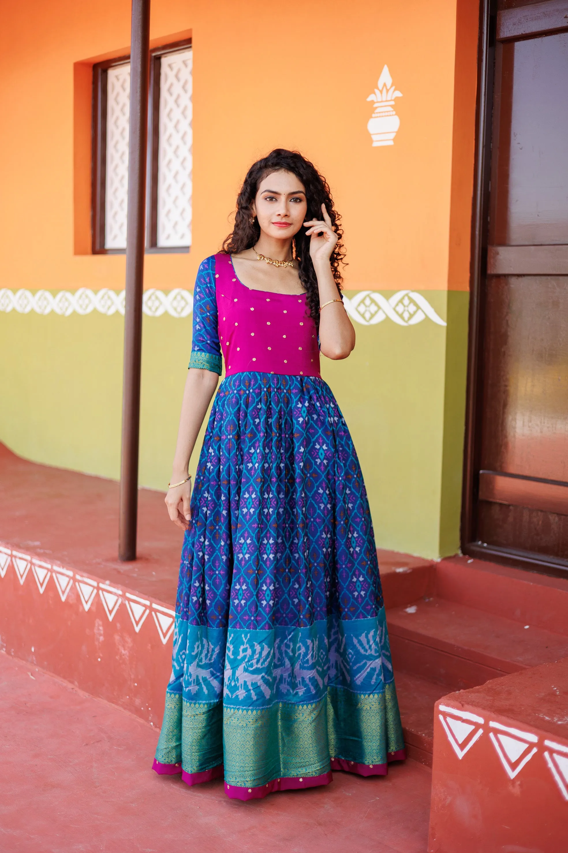 Bhumika Blue Pochampalli Dress with Magenta Yoke
