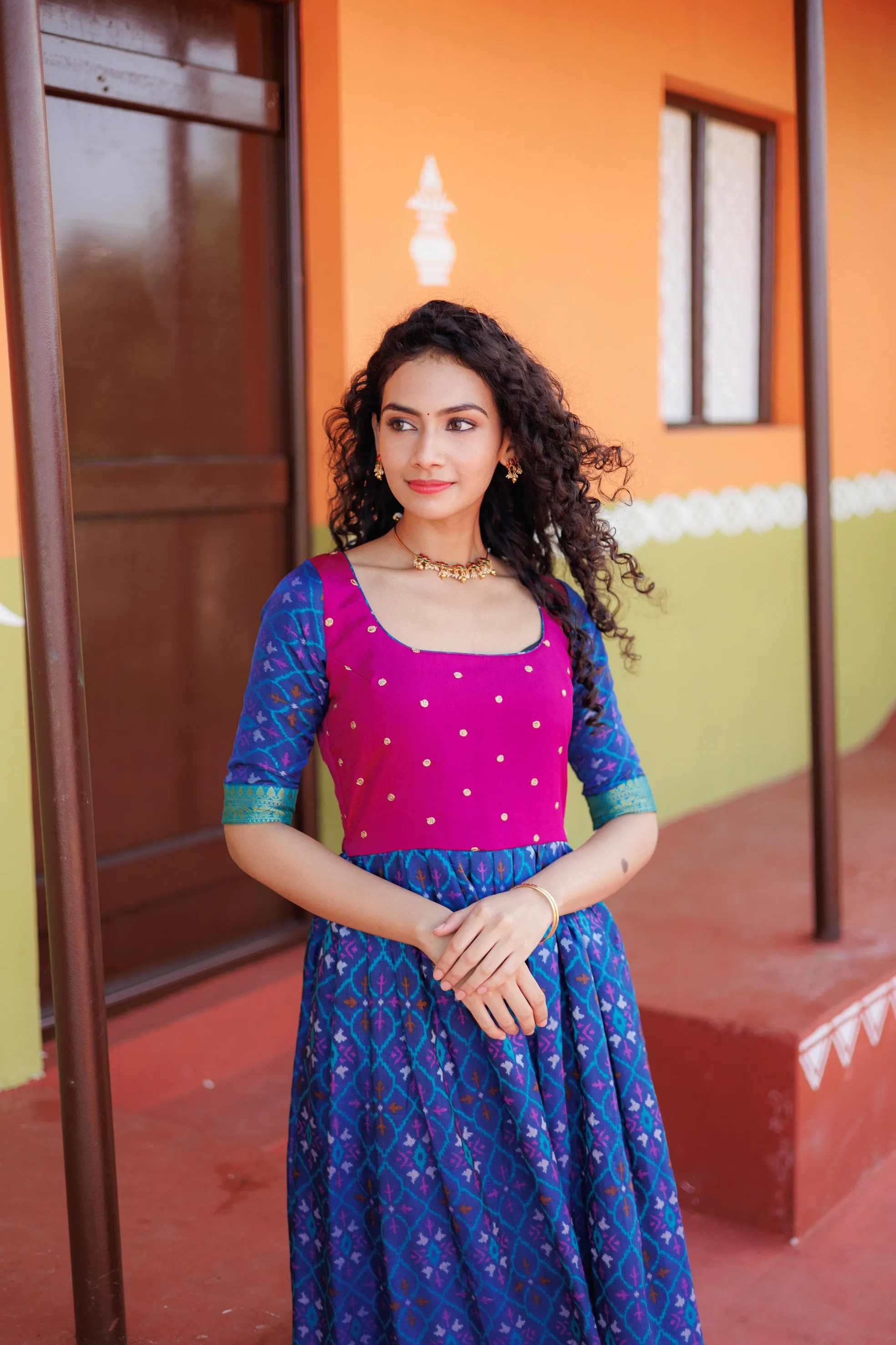 Bhumika Blue Pochampalli Dress with Magenta Yoke