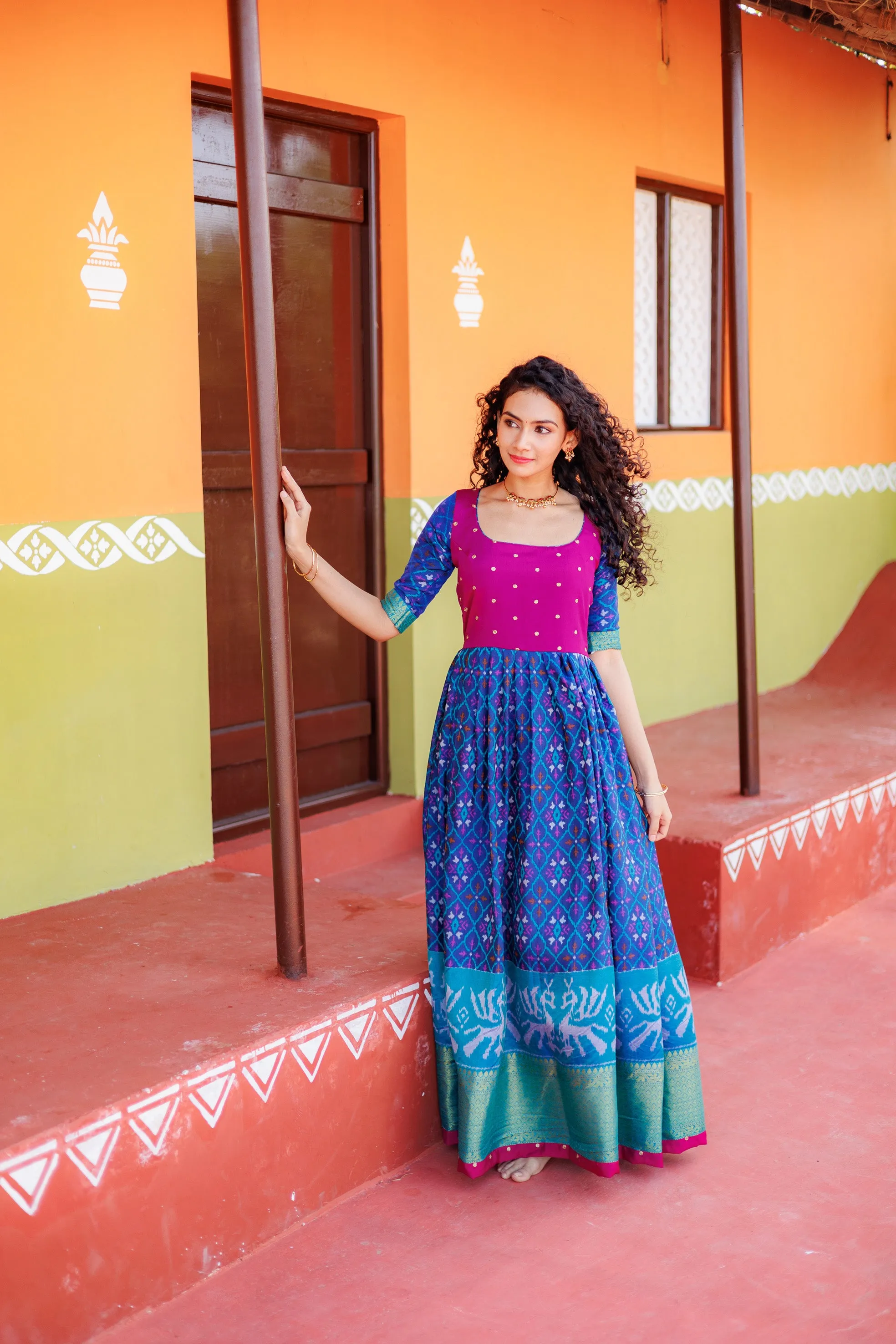 Bhumika Blue Pochampalli Dress with Magenta Yoke