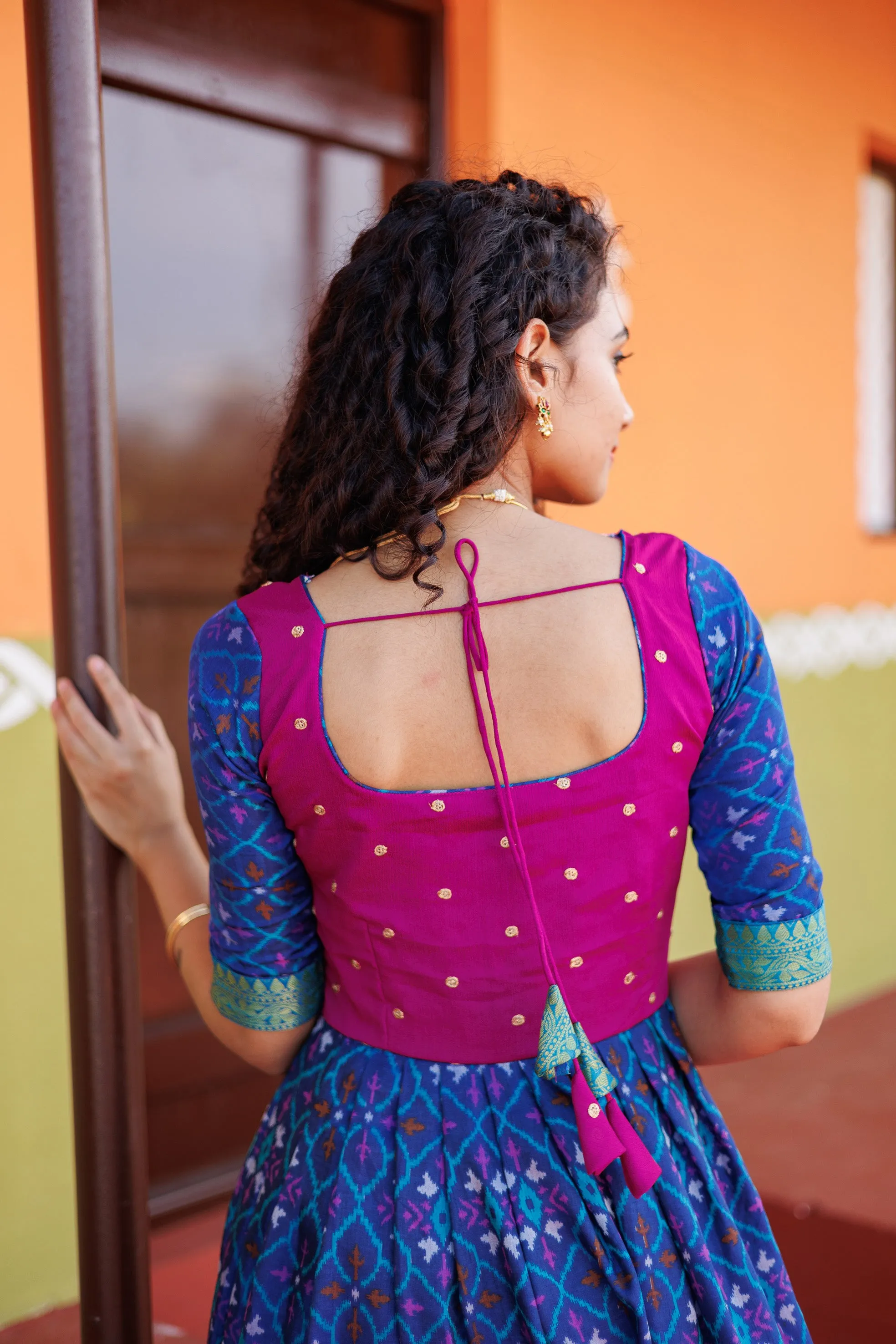 Bhumika Blue Pochampalli Dress with Magenta Yoke