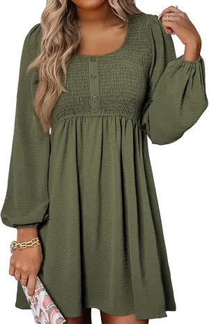 Big Swing Dress for Women Square Neck Long Sleeve Front Button Mini Dresses Waist Ruffle A-Line Bubble Wedding Dress