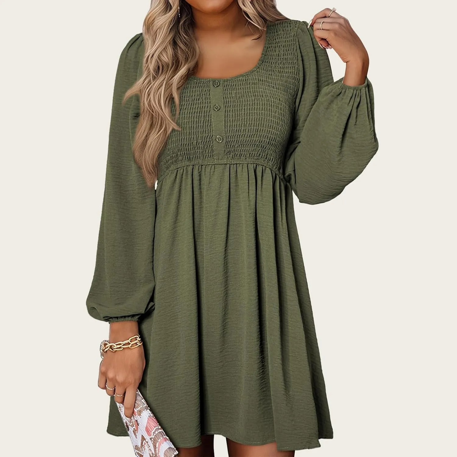 Big Swing Dress for Women Square Neck Long Sleeve Front Button Mini Dresses Waist Ruffle A-Line Bubble Wedding Dress