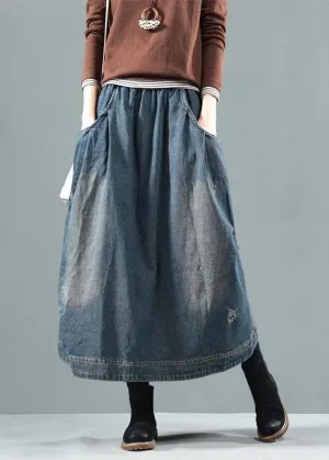 Blue Denim Summer Skirt with Retro Patchwork Pockets