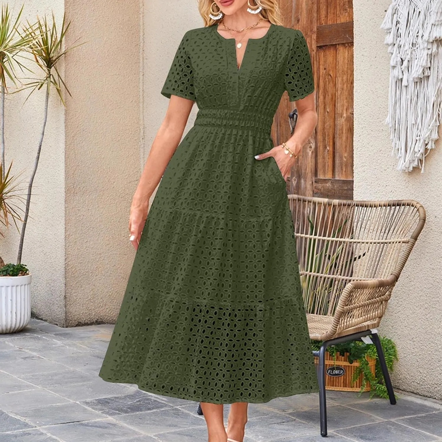 Borniu Womens 2025 Summer Maxi Dress Short Sleeve V Neck Hollow Out Eyelet A Line Long Flowy Swing Beach Vacation Dresses